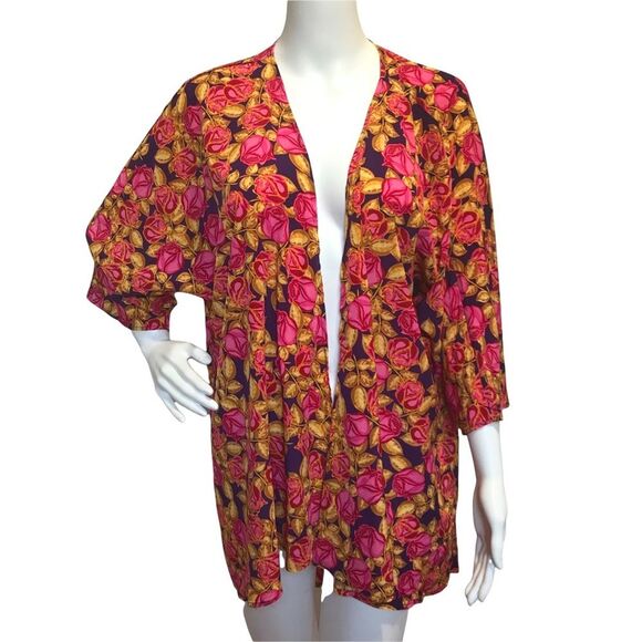 LuLaRoe Lindsay Kimono Cover-Up Open Front Cardigan Roses Sz M (10-18) - Picture 1 of 6